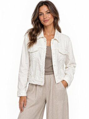 Laura Canada White Boxy Cropped Jacket Linen Viscose Long Sleeve Pockets Size L